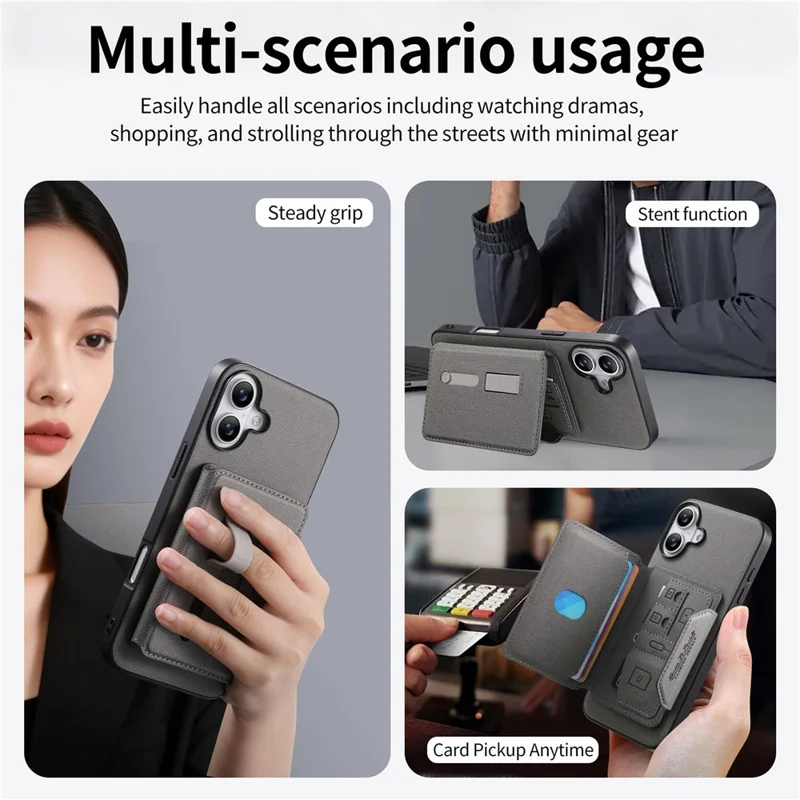 For iPhone 16 Magnetic Case PU Leather + PC + TPU Anti-Scratch Back Cover with Detachable Card Holder - Grey