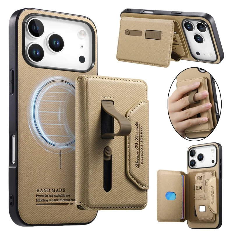 For iPhone 18 Pro  /  17 Pro Magnetic Case PU Leather + PC + TPU Anti-Scratch Back Cover with Detachable Card Holder - Khaki