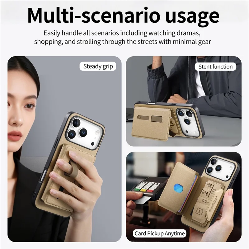 For iPhone 18 Pro  /  17 Pro Magnetic Case PU Leather + PC + TPU Anti-Scratch Back Cover with Detachable Card Holder - Khaki