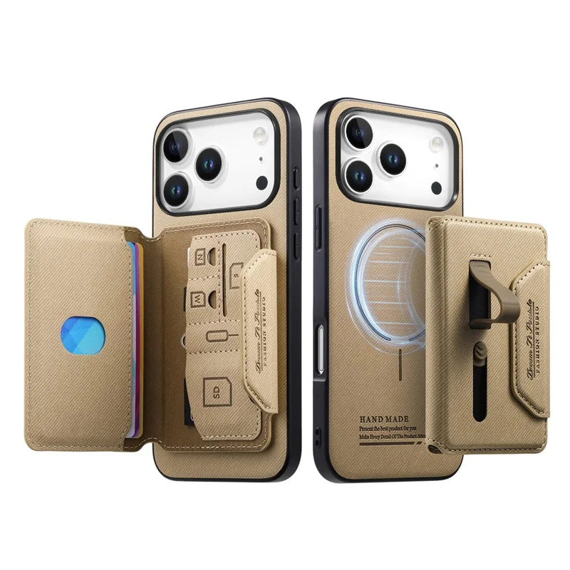 For iPhone 18 Pro Max  /  17 Pro Max Magnetic Case PU Leather + PC + TPU Anti-Scratch Back Cover with Detachable Card Holder - Khaki