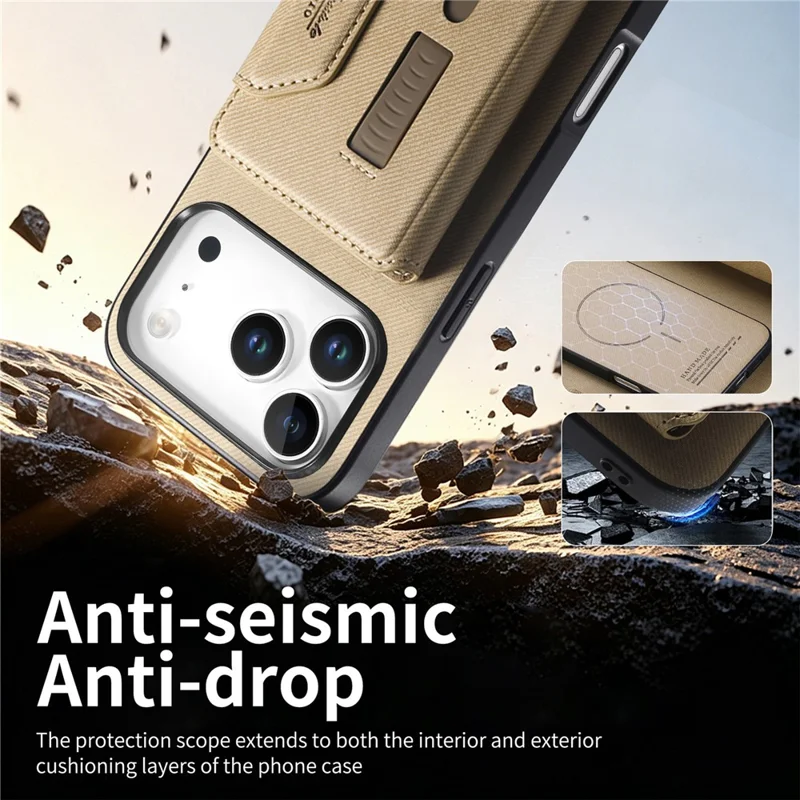 For iPhone 18 Pro Max  /  17 Pro Max Magnetic Case PU Leather + PC + TPU Anti-Scratch Back Cover with Detachable Card Holder - Khaki