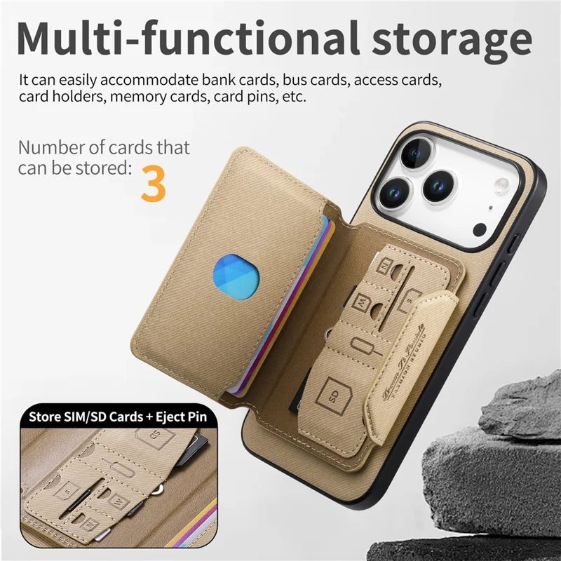 For iPhone 18 Pro Max  /  17 Pro Max Magnetic Case PU Leather + PC + TPU Anti-Scratch Back Cover with Detachable Card Holder - Khaki