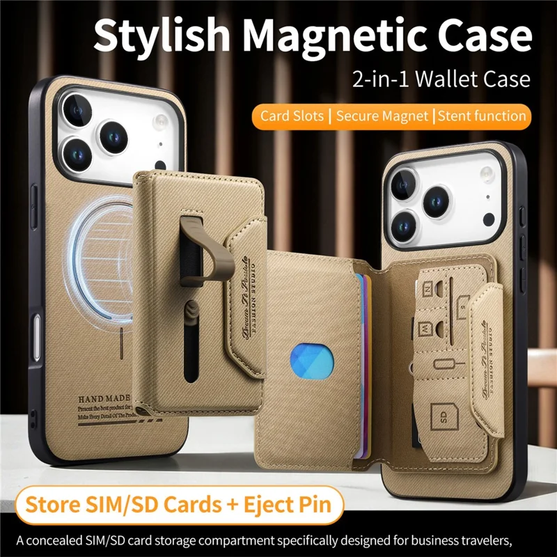 For iPhone 18 Pro Max  /  17 Pro Max Magnetic Case PU Leather + PC + TPU Anti-Scratch Back Cover with Detachable Card Holder - Khaki