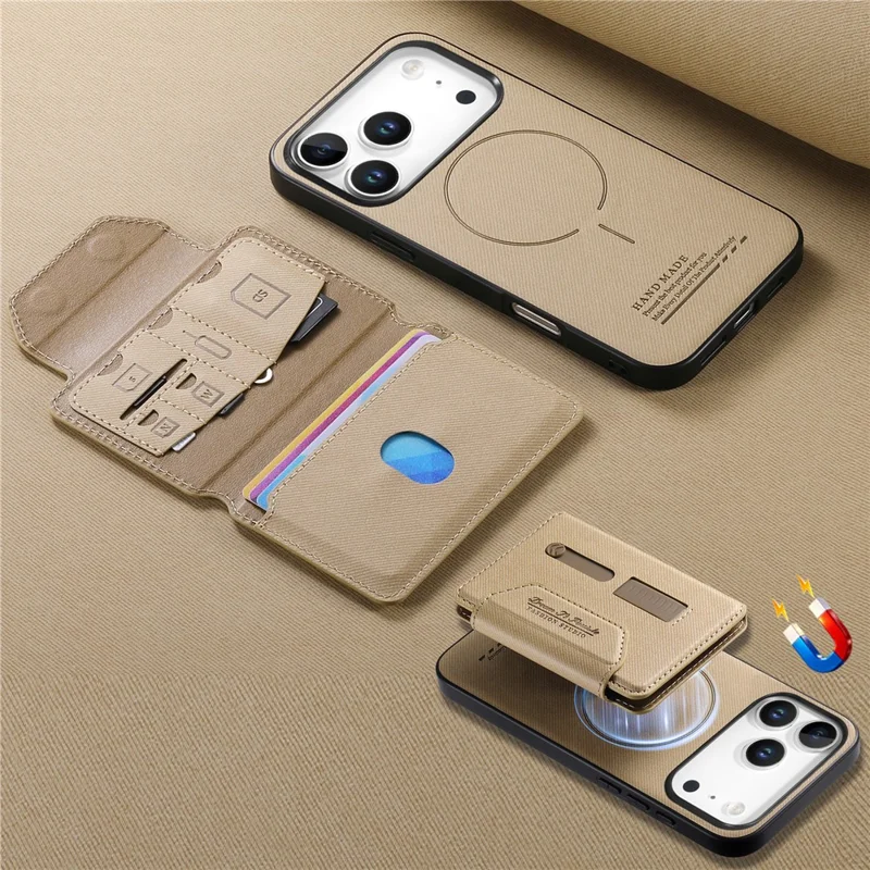 For iPhone 18 Pro Max  /  17 Pro Max Magnetic Case PU Leather + PC + TPU Anti-Scratch Back Cover with Detachable Card Holder - Khaki