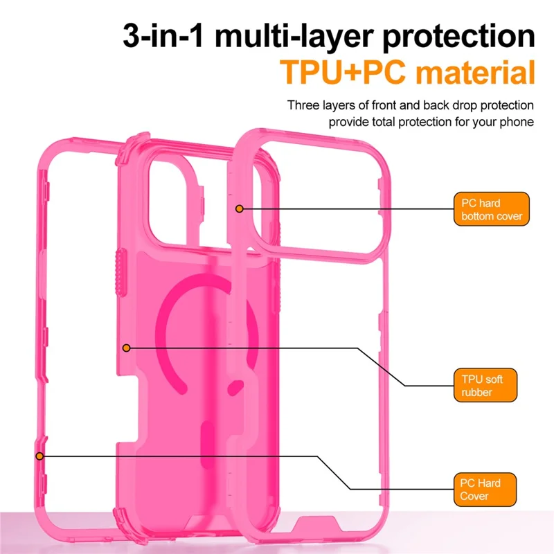For iPhone 17 Pro Magnetic Case 2-in-1 PC + TPU Frosted Soft-Touch Phone Cover - Bright Hot Pink