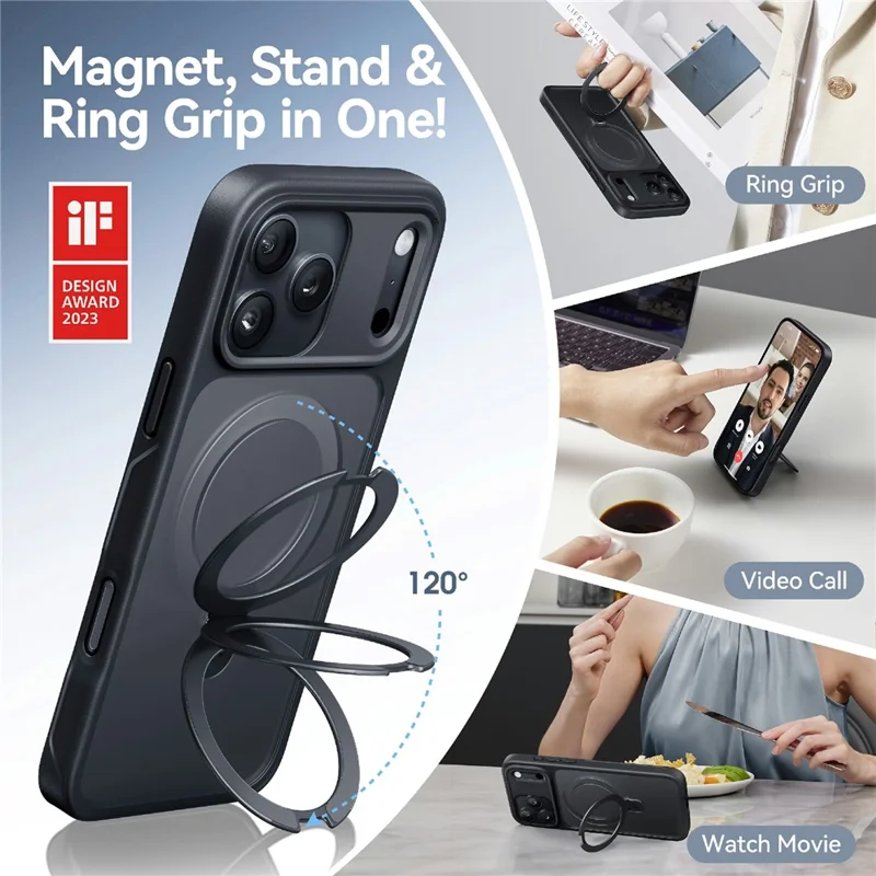 CASEKOO for iPhone 18 Pro Max / 17 Pro Max Case Magnetic Kickstand Translucent Matte PC + TPU Phone Cover Compatible with MagSafe - Black