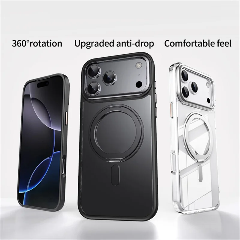 For iPhone 18 Pro / 17 Pro Case Magnetic Rotating Kickstand TPU + Acrylic Shockproof Phone Cover Compatible with MagSafe - Black