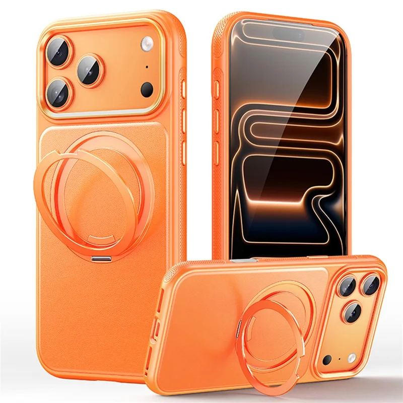 For iPhone 18 Pro / 17 Pro Case Rotating Magnetic Kickstand Leather + PC + TPU Dot Matrix Anti-slip Phone Cover - Orange