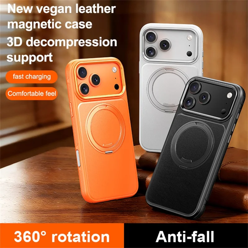 For iPhone 18 Pro Max Case Rotating Magnetic Kickstand Leather + PC + TPU Dot Matrix Anti-slip Phone Cover - Orange