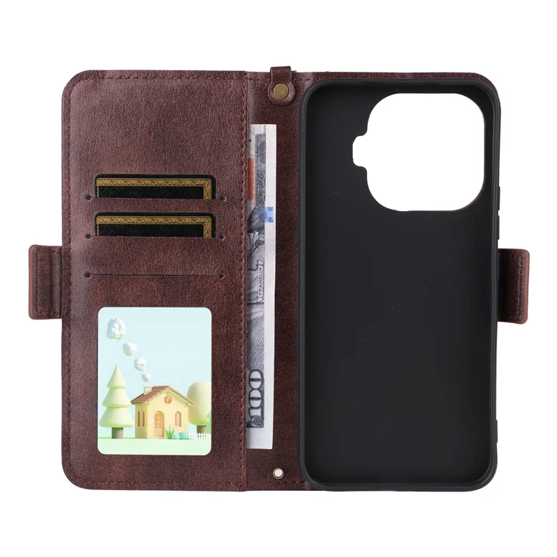 For Xiaomi 17T Leather Case Magnetic Closure Wallet Stand Phone Cover with Crossbody Strap - Brown