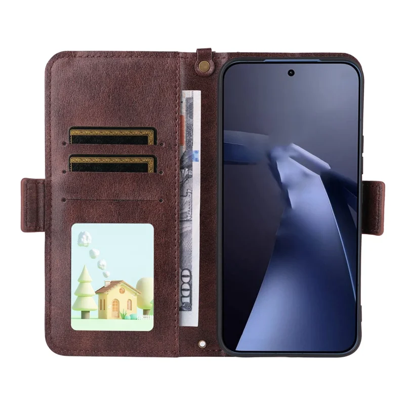 For Xiaomi 17T Leather Case Magnetic Closure Wallet Stand Phone Cover with Crossbody Strap - Brown