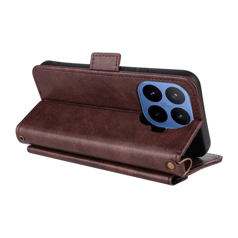 For Xiaomi 17T Leather Case Magnetic Closure Wallet Stand Phone Cover with Crossbody Strap - Brown