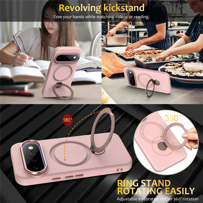 For Google Pixel 11 / 11 Pro / 10 / 10 Pro / 9 / 9 Pro Magnetic Case Rotating Ring Kickstand TPU + PC Back Cover - Pink