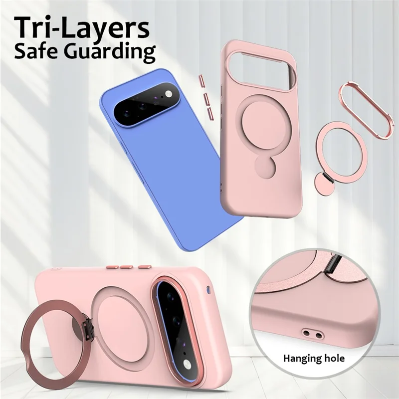 For Google Pixel 11 / 11 Pro / 10 / 10 Pro / 9 / 9 Pro Magnetic Case Rotating Ring Kickstand TPU + PC Back Cover - Pink