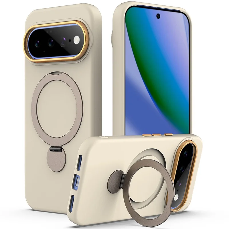 For Google Pixel 11 Pro XL / 10 Pro XL / 9 Pro XL Magnetic Case Rotating Ring Kickstand TPU + PC Back Cover - Apricot