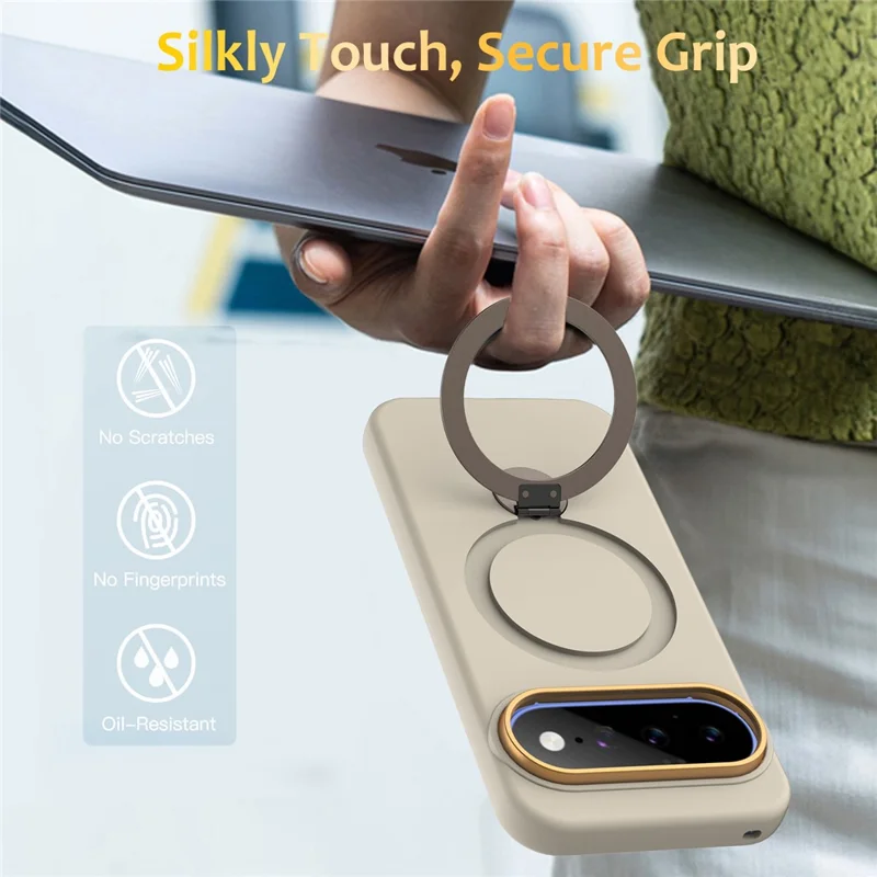 For Google Pixel 11 Pro XL / 10 Pro XL / 9 Pro XL Magnetic Case Rotating Ring Kickstand TPU + PC Back Cover - Apricot