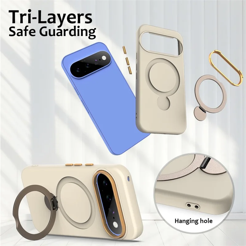 For Google Pixel 11 Pro XL / 10 Pro XL / 9 Pro XL Magnetic Case Rotating Ring Kickstand TPU + PC Back Cover - Apricot