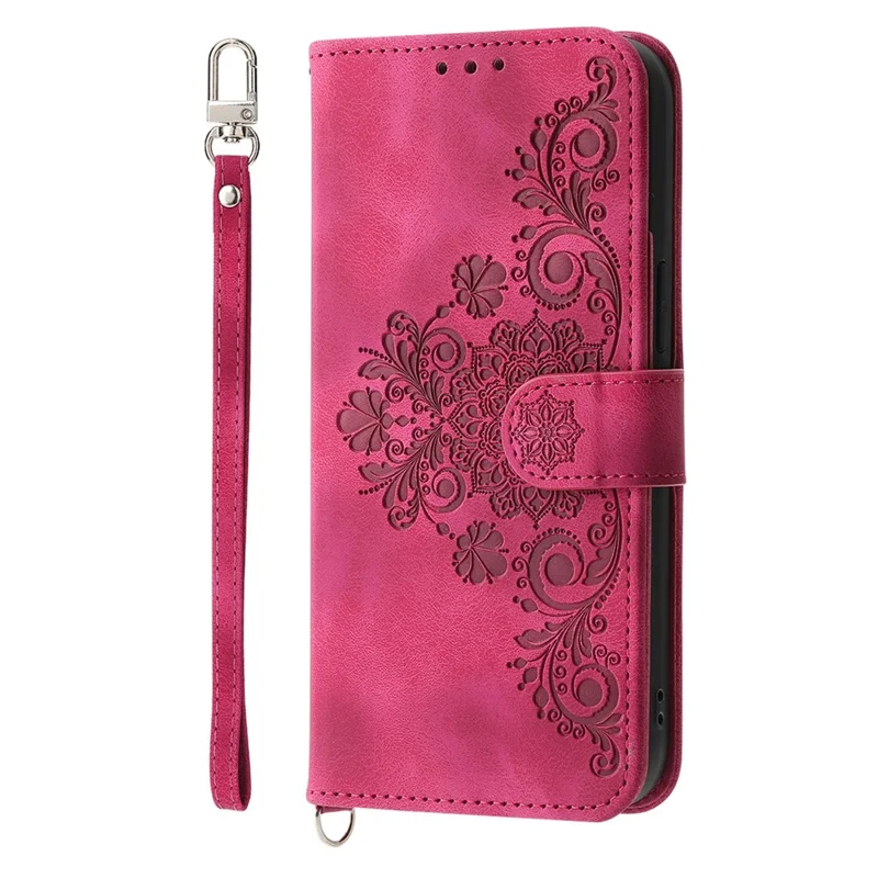 Portemonnee-hoesje voor Realme 16T 5G met bloemenpatroon, PU-leer telefoonhoesje met riem - Wijnrood