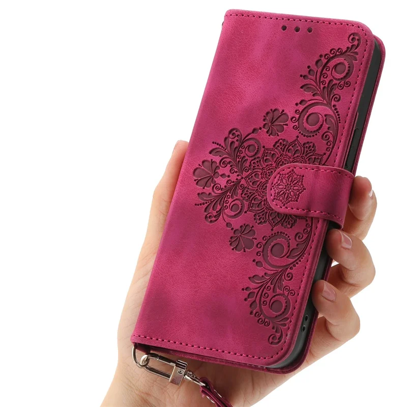 Portemonnee-hoesje voor Realme 16T 5G met bloemenpatroon, PU-leer telefoonhoesje met riem - Wijnrood