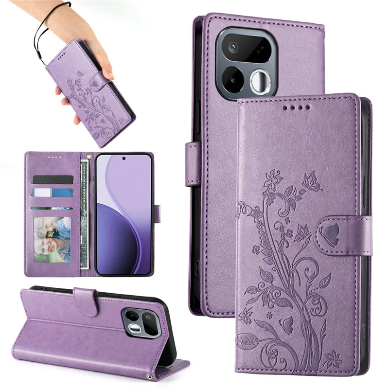For Realme 16T 5G Wallet Case Butterfly Floral Imprint PU Leather Phone Cover with Wrist Strap - Purple