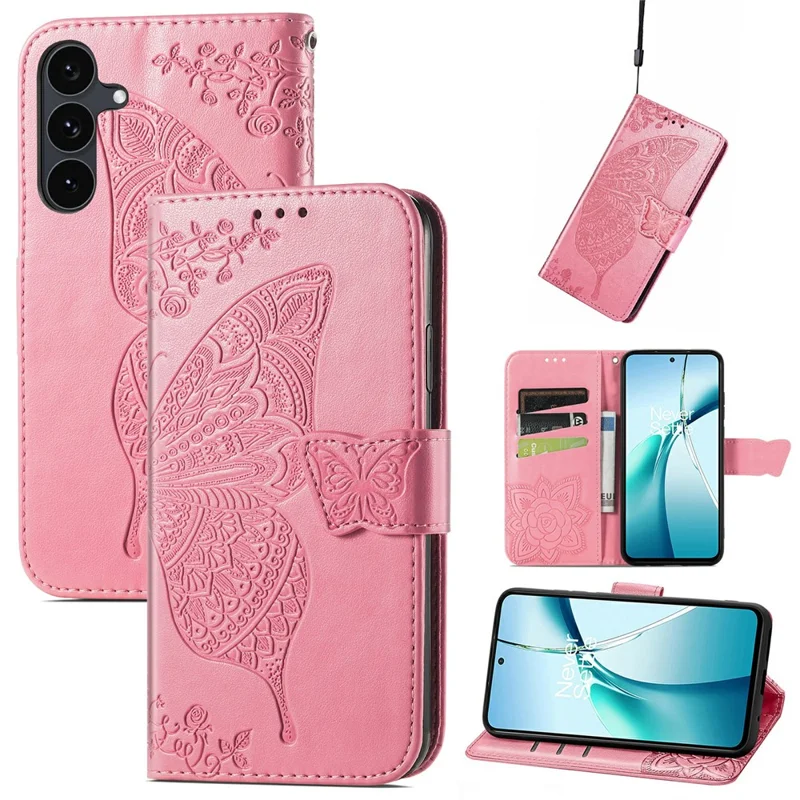 For Samsung Galaxy S26 FE Case with Strap Butterfly Pattern PU Leather Wallet Phone Cover - Pink