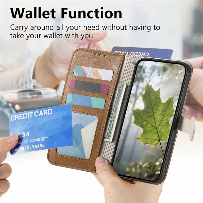 For Samsung Galaxy S26 FE Stand Case Leaf Shape Magnetic Clasp Leather Phone Cover with Hand Strap - Brown