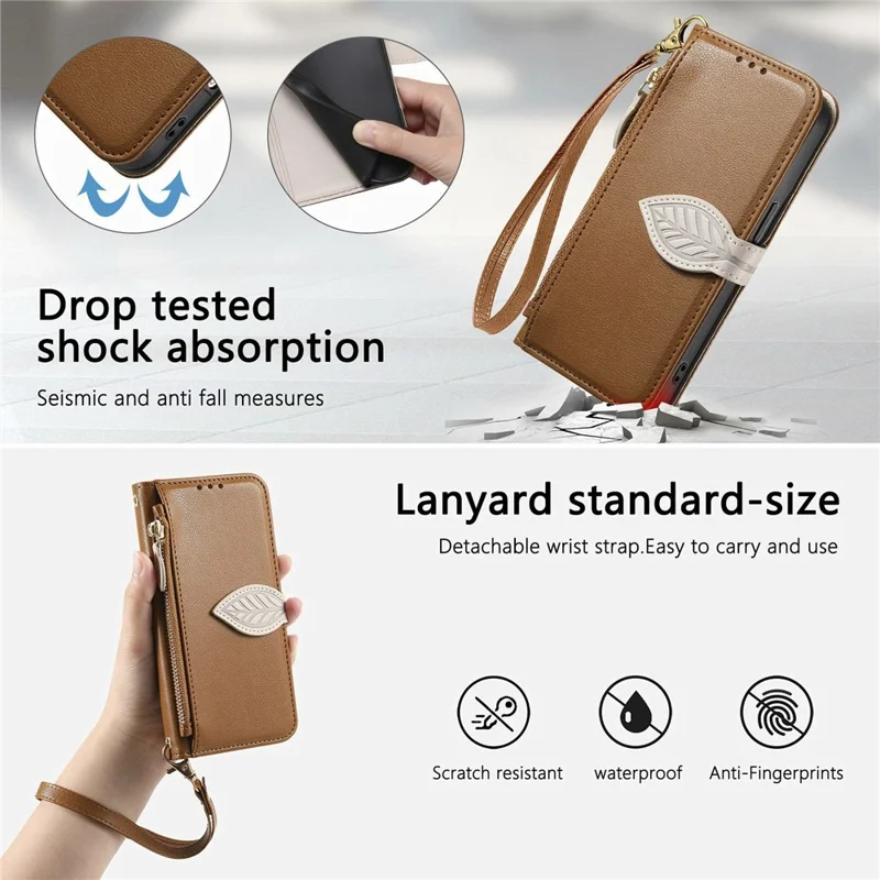 For Samsung Galaxy S26 FE Stand Case Leaf Shape Magnetic Clasp Leather Phone Cover with Hand Strap - Brown