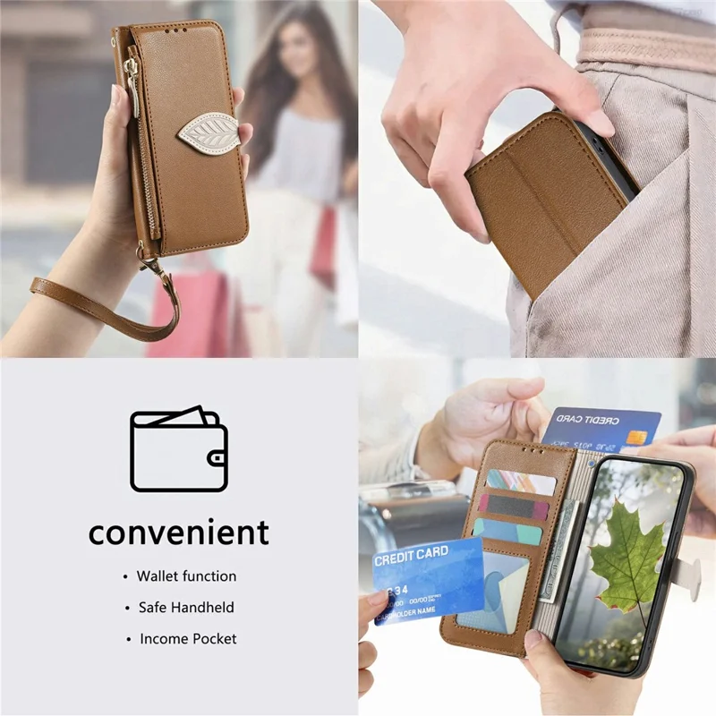 For Samsung Galaxy S26 FE Stand Case Leaf Shape Magnetic Clasp Leather Phone Cover with Hand Strap - Brown