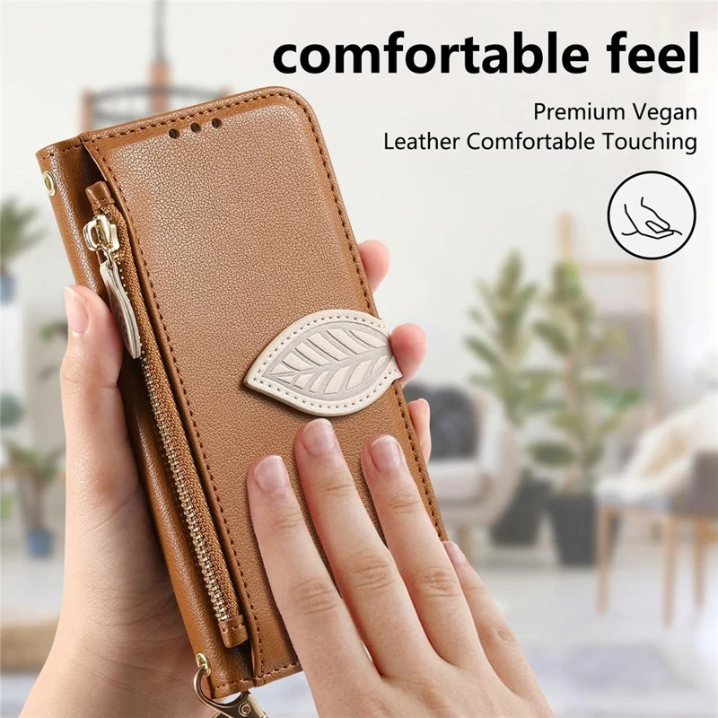 For Samsung Galaxy S26 FE Stand Case Leaf Shape Magnetic Clasp Leather Phone Cover with Hand Strap - Brown
