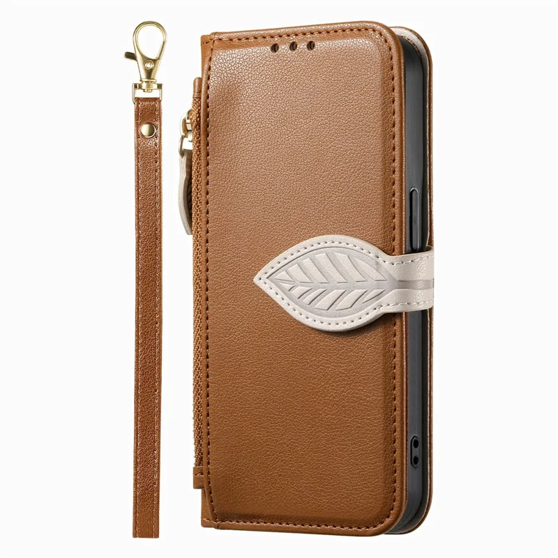 For Samsung Galaxy S26 FE Stand Case Leaf Shape Magnetic Clasp Leather Phone Cover with Hand Strap - Brown
