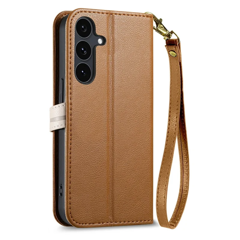For Samsung Galaxy S26 FE Stand Case Leaf Shape Magnetic Clasp Leather Phone Cover with Hand Strap - Brown