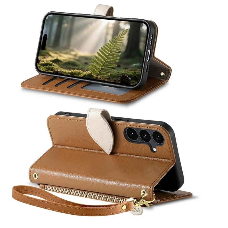 For Samsung Galaxy S26 FE Stand Case Leaf Shape Magnetic Clasp Leather Phone Cover with Hand Strap - Brown