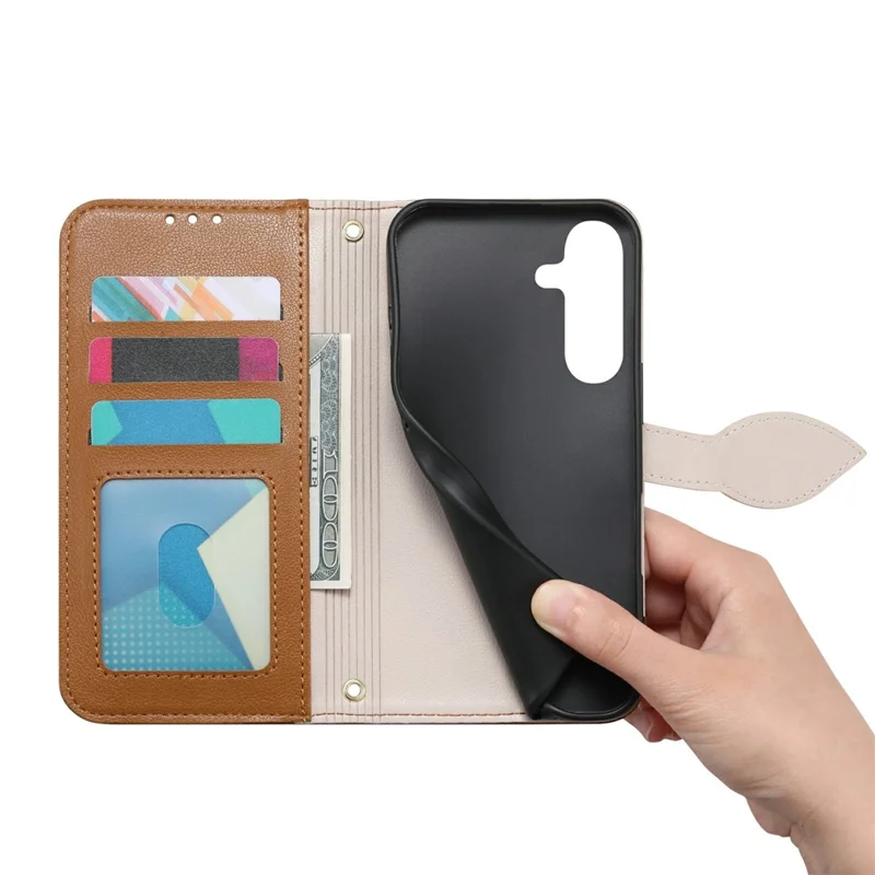 For Samsung Galaxy S26 FE Stand Case Leaf Shape Magnetic Clasp Leather Phone Cover with Hand Strap - Brown