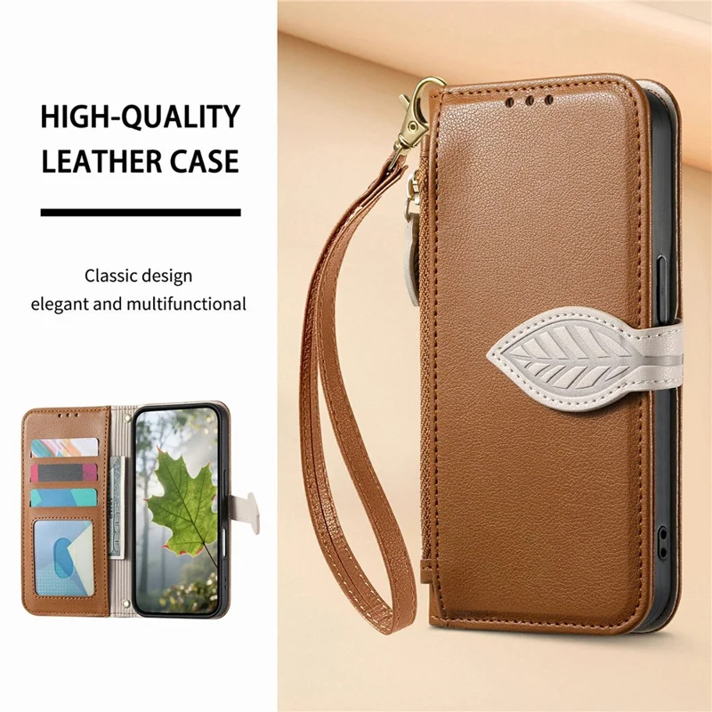 For Samsung Galaxy S26 FE Stand Case Leaf Shape Magnetic Clasp Leather Phone Cover with Hand Strap - Brown