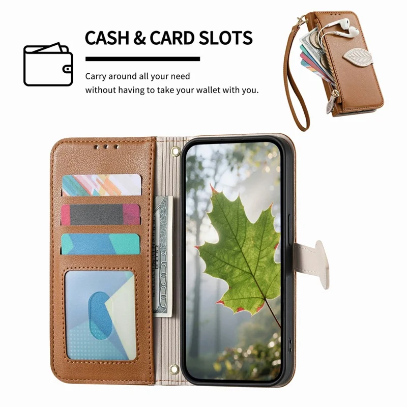 For Samsung Galaxy S26 FE Stand Case Leaf Shape Magnetic Clasp Leather Phone Cover with Hand Strap - Brown