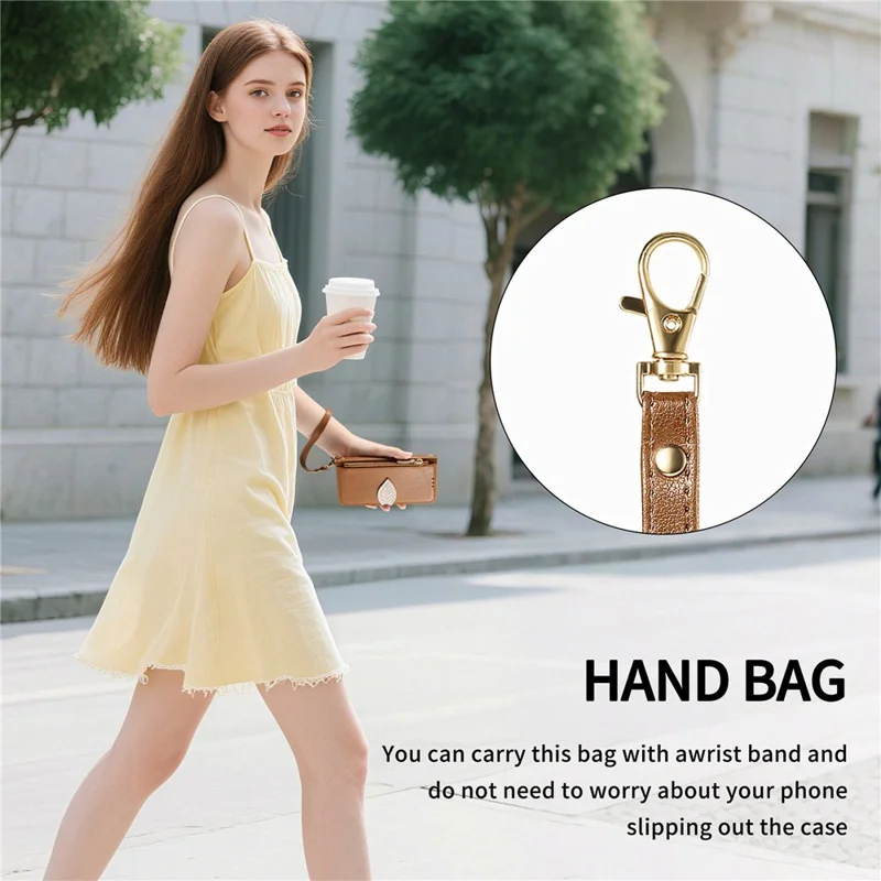 For Samsung Galaxy S26 FE Stand Case Leaf Shape Magnetic Clasp Leather Phone Cover with Hand Strap - Brown