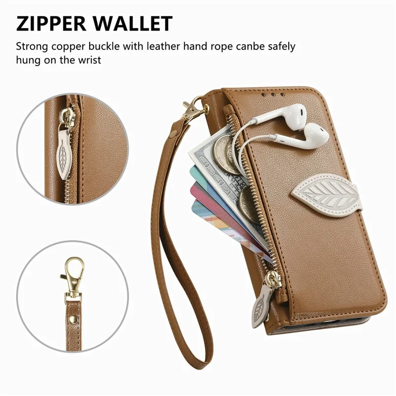 For Samsung Galaxy S26 FE Stand Case Leaf Shape Magnetic Clasp Leather Phone Cover with Hand Strap - Brown