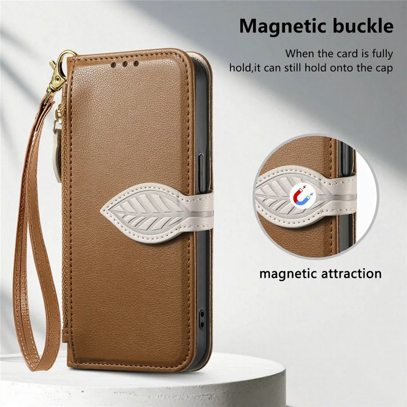 For Samsung Galaxy S26 FE Stand Case Leaf Shape Magnetic Clasp Leather Phone Cover with Hand Strap - Brown