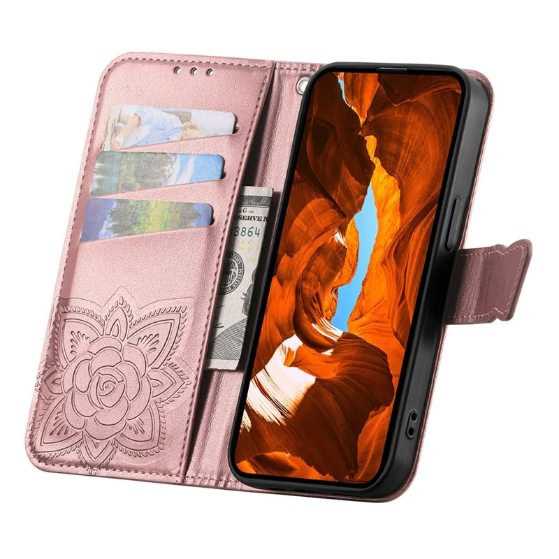 For Realme C83 5G Case with Strap Butterfly Pattern PU Leather Wallet Phone Cover - Rose Gold