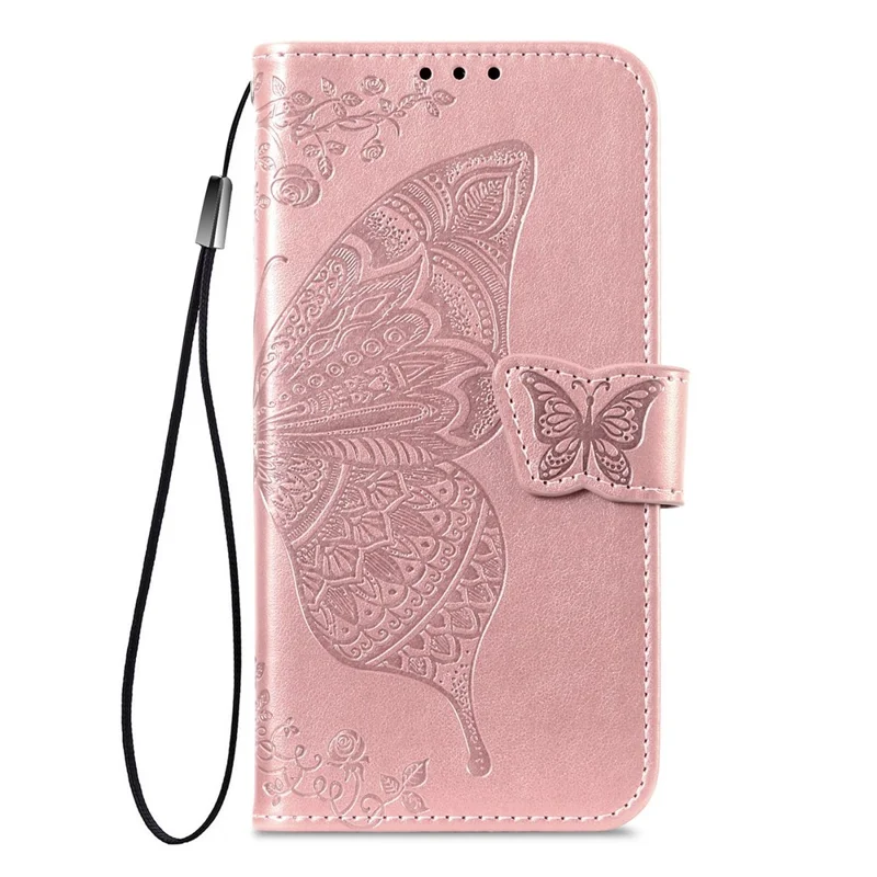 For Realme C83 5G Case with Strap Butterfly Pattern PU Leather Wallet Phone Cover - Rose Gold
