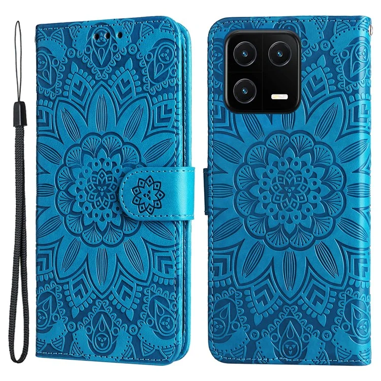 Для Xiaomi 13 PU Leather Sunflower Imprinted Full Protection Phone Case Stand Wallet Anti-scratch Folio Flip Cover with Wrist Strap - Blue