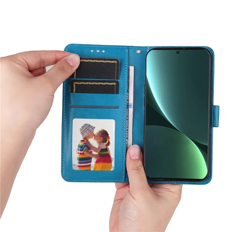 Для Xiaomi 13 PU Leather Sunflower Imprinted Full Protection Phone Case Stand Wallet Anti-scratch Folio Flip Cover with Wrist Strap - Blue