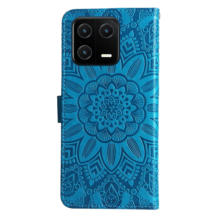 Для Xiaomi 13 PU Leather Sunflower Imprinted Full Protection Phone Case Stand Wallet Anti-scratch Folio Flip Cover with Wrist Strap - Blue