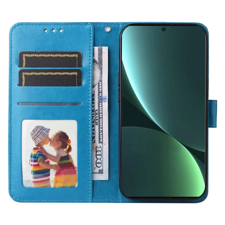 Для Xiaomi 13 PU Leather Sunflower Imprinted Full Protection Phone Case Stand Wallet Anti-scratch Folio Flip Cover with Wrist Strap - Blue