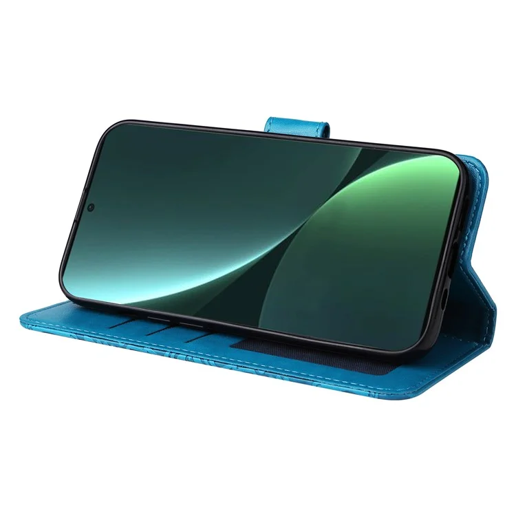 Для Xiaomi 13 PU Leather Sunflower Imprinted Full Protection Phone Case Stand Wallet Anti-scratch Folio Flip Cover with Wrist Strap - Blue
