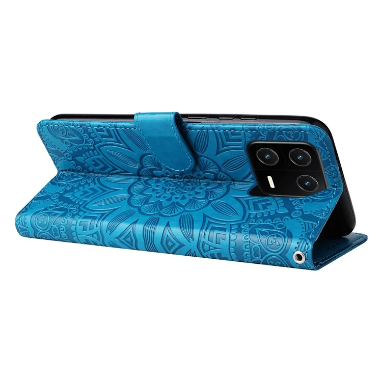Для Xiaomi 13 PU Leather Sunflower Imprinted Full Protection Phone Case Stand Wallet Anti-scratch Folio Flip Cover with Wrist Strap - Blue