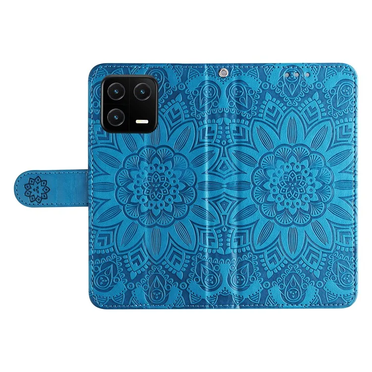 Для Xiaomi 13 PU Leather Sunflower Imprinted Full Protection Phone Case Stand Wallet Anti-scratch Folio Flip Cover with Wrist Strap - Blue