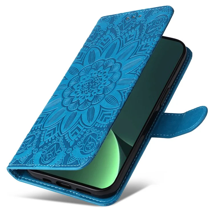 Для Xiaomi 13 PU Leather Sunflower Imprinted Full Protection Phone Case Stand Wallet Anti-scratch Folio Flip Cover with Wrist Strap - Blue