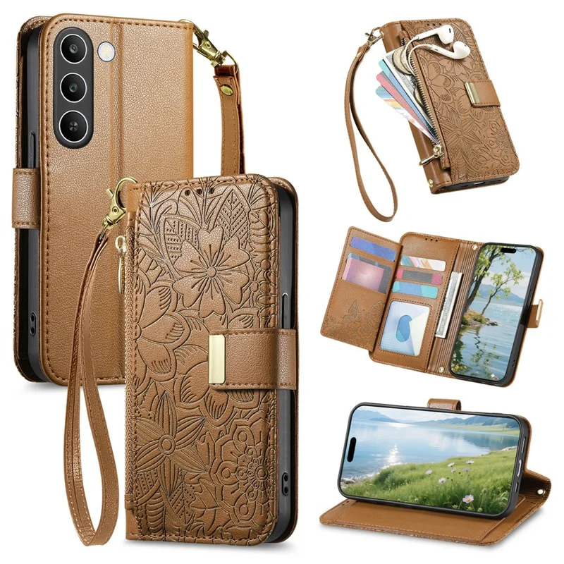 For Realme C83 5G Case Floral Leaf Pattern Multi Card Slots Zipper Leather Phone Cover with Wrist Strap - Brown