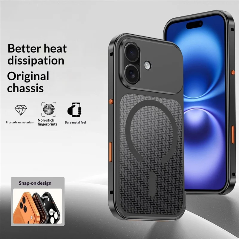 For iPhone 16 Magnetic Case Heat Dissipation Snap-On Metal + PC Phone Cover - Titanium Black